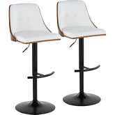 Gianna Adjustable Swivel Bar Stool in Black Metal, Walnut Wood & White Leatherette (Set of 2)